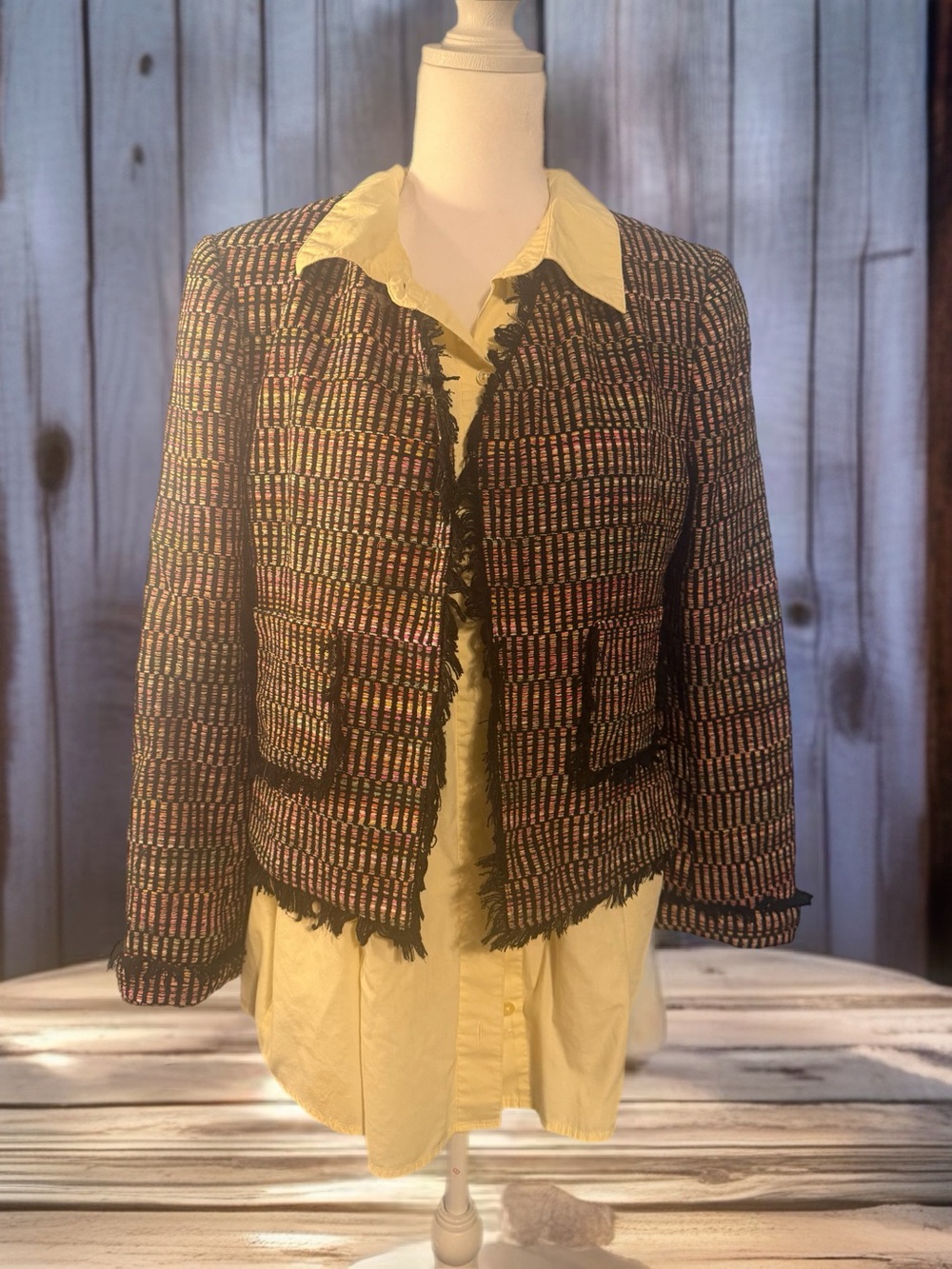 Vintag Rutenberg collection Silk Tweed Blazer Jacket Multicolor fringed Sz Small